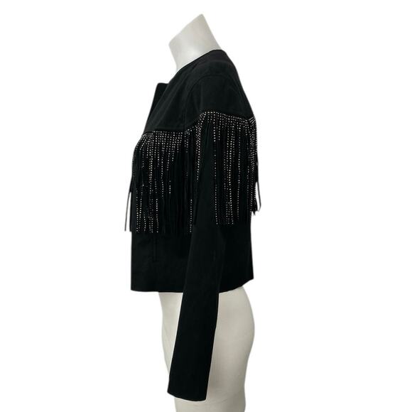 Zara Women's Black Faux Leather Suede Rhinestone Fringe Cropped Jacket Size S - Picture 3 of 6